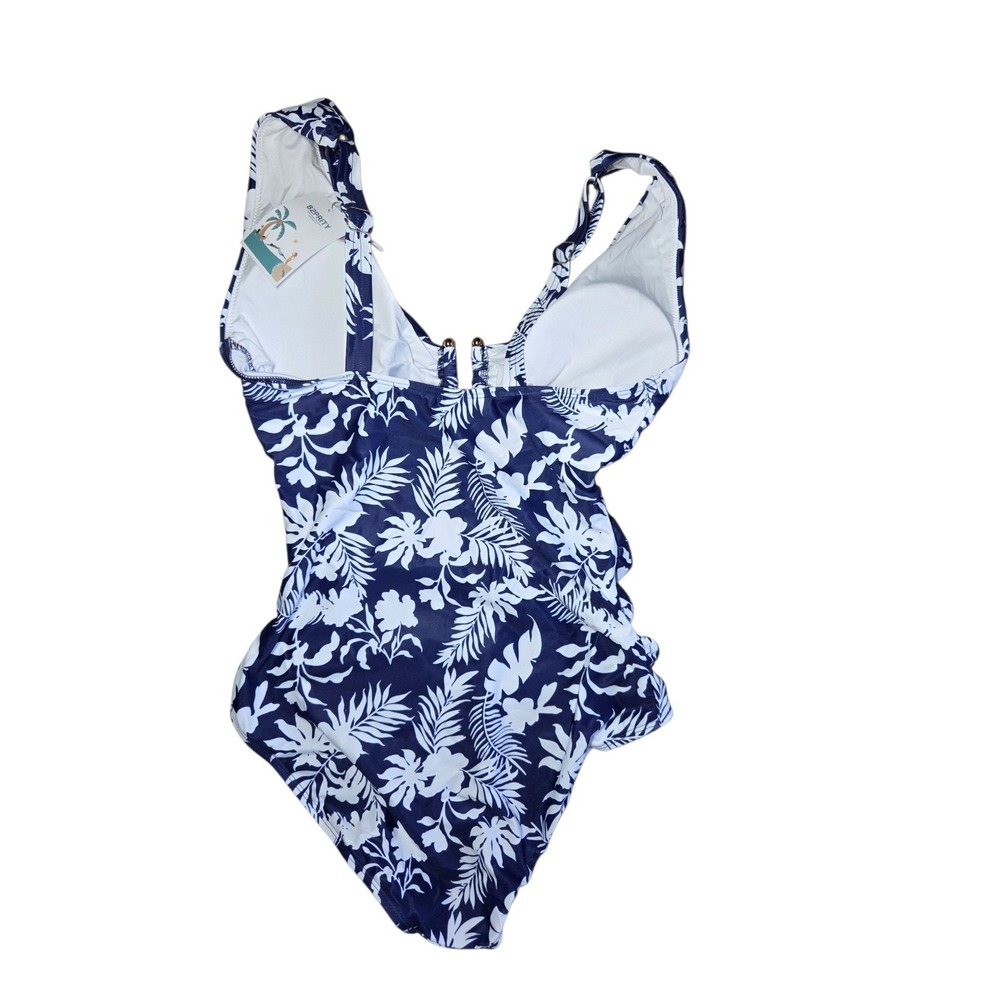 B2Prity Blue White Tropical Floral Gold Accent One-Piece Swimsuit M NWT - Picture 5 of 8